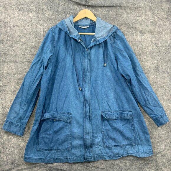 Woman Within Jacket Womens L 18/20 Blue Denim Jean Full Zip Hooded 100% Cotton - Picture 1 of 11